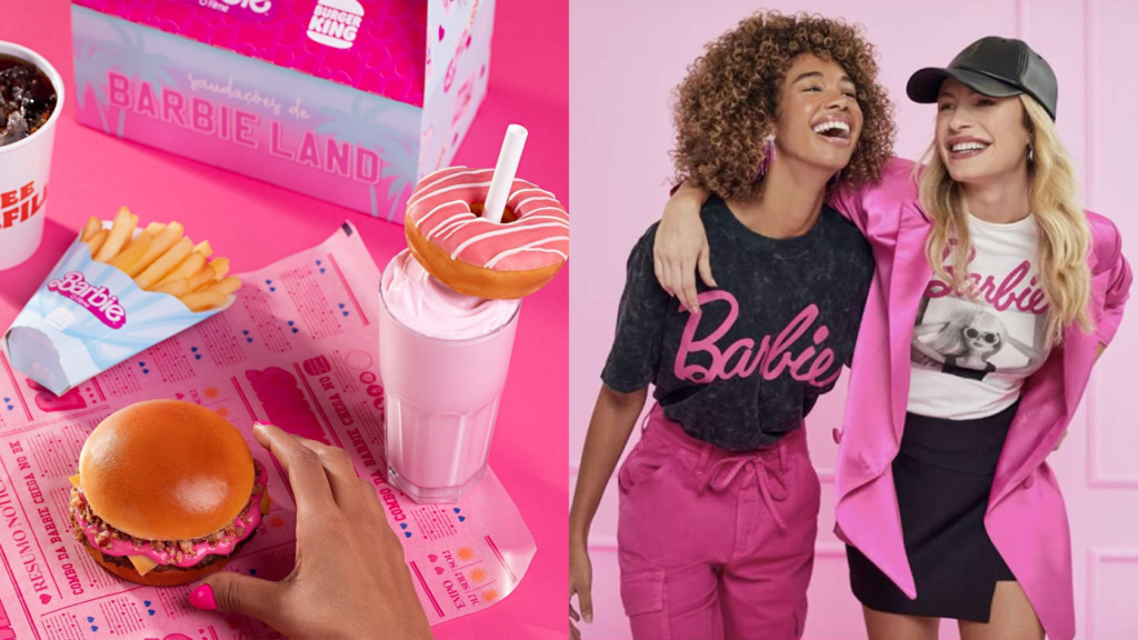 Do lado direito está a coleção da Renner com a Barbie e do lado esquerdo o combo especial feito pelo Burger King para o filme da Barbie.